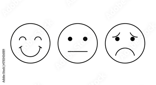 Emotion scale with happy, neutral, and sad face emoticons illustrating feedback, mood, user experience, customer satisfaction, and review ratings