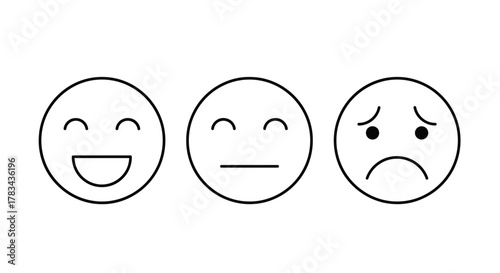 Emoticon set: happy, neutral, and sad face outlines representing satisfaction, indifference, and dissatisfaction for feedback and mood scales.