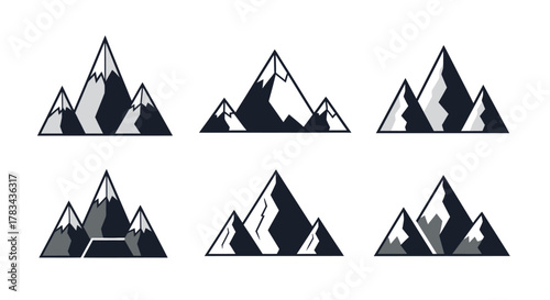 Collection of six stylized vector mountain icons featuring diverse geometric peaks with dark and light gray shading, ideal for nature, adventure, and travel branding.