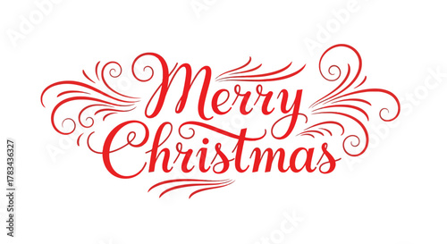 Merry christmas red script lettering with elegant flourishes and decorative swirls on a clean white background, conveying holiday cheer and festive greetings.