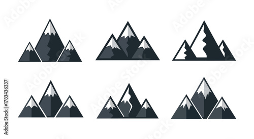 Set of stylized mountain icons with various peaks and snow caps, illustrating natural landscapes and outdoor adventure, perfect for simple graphics or branding elements.