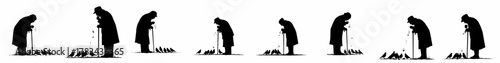Repeating silhouettes of an elderly person feeding birds while leaning on a cane, illustrating themes of age, routine, and care.