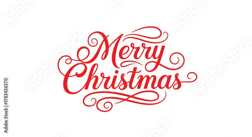 Merry christmas lettering text design element with elegant red calligraphic font and festive swirls, isolated on white background, perfect for holiday greeting cards and seasonal decorations.
