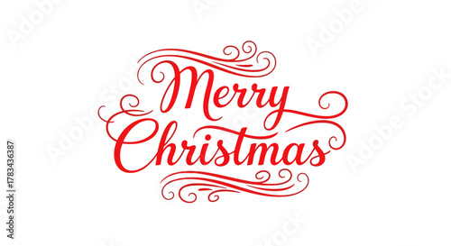 Merry christmas" in elegant red script with decorative flourishes. festive holiday greeting card element on a clean white background. celebratory seasonal design.