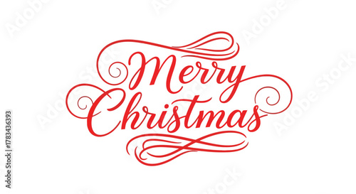 Merry christmas" elegant red calligraphic text design with festive swirls on a pristine white background, perfect for holiday greetings and seasonal celebrations.