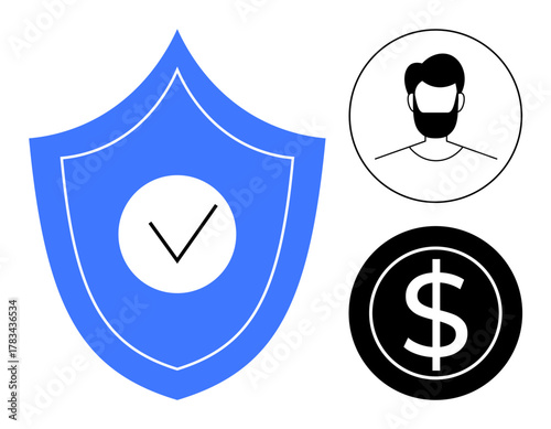Blue shield with checkmark, circular avatar, and dollar icon emphasizing protection, identity, and finance. Ideal for cybersecurity, banking, data privacy, trust verification identity safety