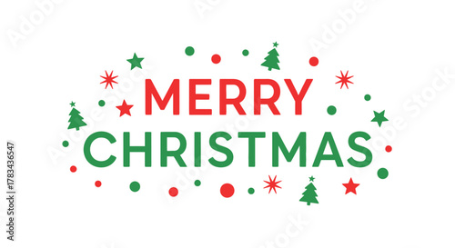 Merry christmas text design with festive red and green colors, surrounded by abstract dots, stars, and small christmas trees on a clean white background.