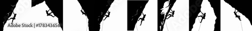 Dynamic black silhouettes of rock climbers conquering vertical cliffs, depicting various poses and movements of extreme sport and adventure.