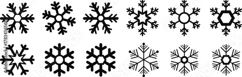 Snow Flake icon set. Minimalist winter symbols. Abstract geometric vector graphic element for New Year design. Crayon hand drawn snow flake collection. Isolated linear snow flake pictogram collection.