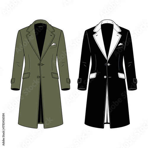 Two stylish men's overcoats are displayed side by side for comparison.