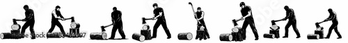 Wood Chopping Poses: Collection of Black and White Silhouettes Illustrating a Lumberjack Splitting Firewood with an Axe.