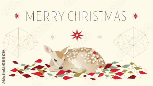 Adorable spotted fawn rests peacefully surrounded by festive red and green confetti and geometric snowflake designs wishing merry christmas