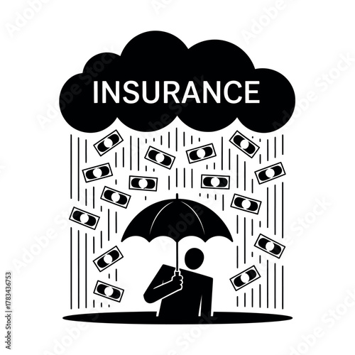 A person holding an umbrella under a cloud raining money and labeled insurance.