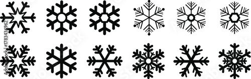 Snow Flake icon set. Minimalist winter symbols. Abstract geometric vector graphic element for New Year design. Crayon hand drawn snow flake collection. Isolated linear snow flake pictogram collection.