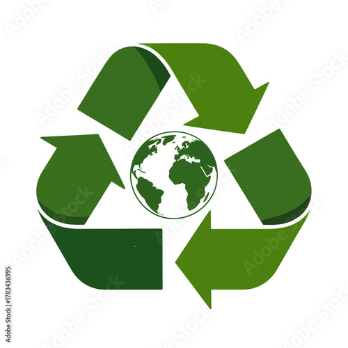 The universal symbol for recycling is displayed with a globe in the center, representing environmental awareness.