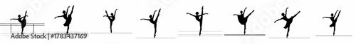 Black silhouette collection of graceful ballet dancers in various classic poses, including high extensions and arabesques, on pointe shoes.