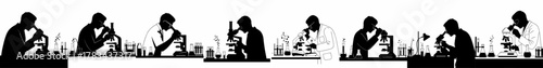 Seamless horizontal silhouette border of scientists working in a research laboratory, examining samples under microscopes surrounded by chemical glassware.