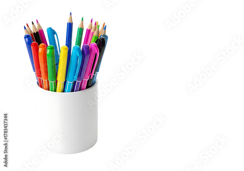 A white cup overflowing with a vibrant assortment of colorful pens and pencils isolated on transparent background
