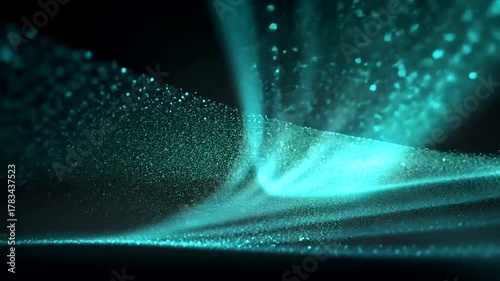 Abstract teal glowing particles and light beams on a dark background