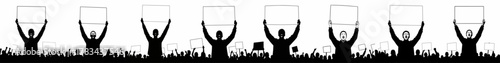 Black and white vector silhouette banner of a cheering protest crowd holding blank signs high, symbolizing social justice, activism, and demonstration.