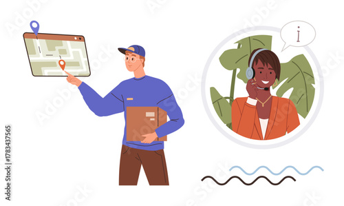 Male courier holding package, navigating route on digital map, speaking with a customer support representative. Ideal for delivery, logistics, customer service, communication, navigation, e-commerce