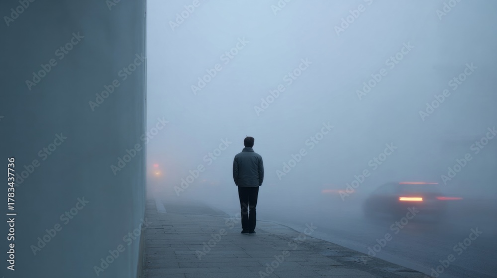 Fototapeta premium Solitary figure in expansive urban fog dreams, evoking All Hallows' Eve mystery, atmospheric urban solitude, and mist-laden contemplation