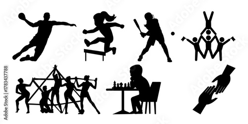 Dynamic silhouette collection showcasing sports like handball, track hurdles, baseball, cheerleading, obstacle course, chess, and helping hands in vector style