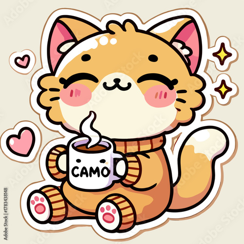 사랑스러운 카와이 고양이 스티커 세트 - 귀여운 치비 고양이 얼굴 발바닥 리본 커피 반짝이 포함, 파스텔 만화 벡터 팩 EPS10 일러스트