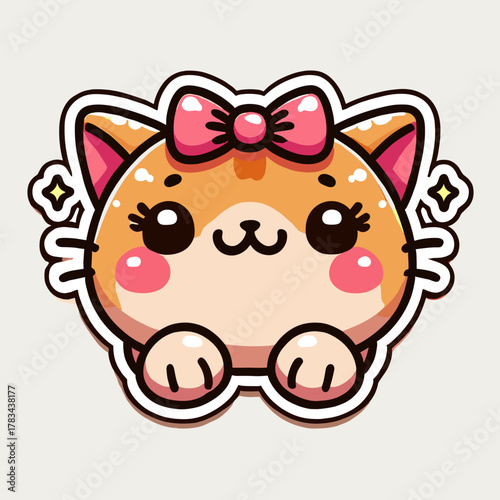 사랑스러운 카와이 고양이 스티커 세트 - 귀여운 치비 고양이 얼굴 발바닥 리본 커피 반짝이 포함, 파스텔 만화 벡터 팩 EPS10 일러스트