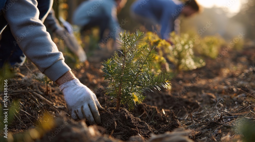 Obraz premium Planting pine saplings at dawn, Earth Day restoration, Caucasian hands nurture, cultivating arboreal whispers, grounding forest reverie