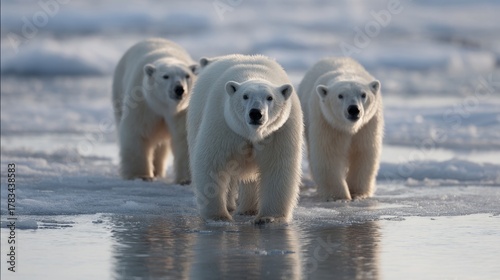 Polar bears saunter on icy permafrost, embodying arctic elegance and labyrinthine narratives, perfect for World Wildlife Day