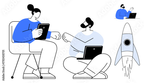 Two individuals discussing ideas with digital devices, sharing a handshake. A rocket symbolizes innovation and growth. Ideal for teamwork, communication, strategy, technology, brainstorming, startup