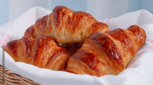 Golden croissants nestle in woven warmth, evoking Bastille Day mornings, buttery lamination whispering of gastronomic revelry and cozy decadence