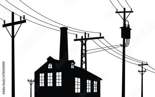 Industrial factory silhouette with smokestack, utility poles, power lines, transformers, electrical distribution, urban infrastructure, energy production, industrial architecture, electricity grid,