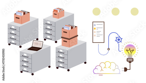 Filing cabinets, stacked with boxes and papers, flow into a diagram including cloud, connection, gear, and light bulb for innovation, teamwork, progress and data management. Ideal for organization