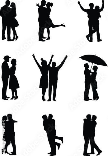 Romantic couple silhouettes hugging, kissing, holding hands, dancing, umbrella love scene, affectionate poses, relationship illustration, black silhouette grid, romance concept, 