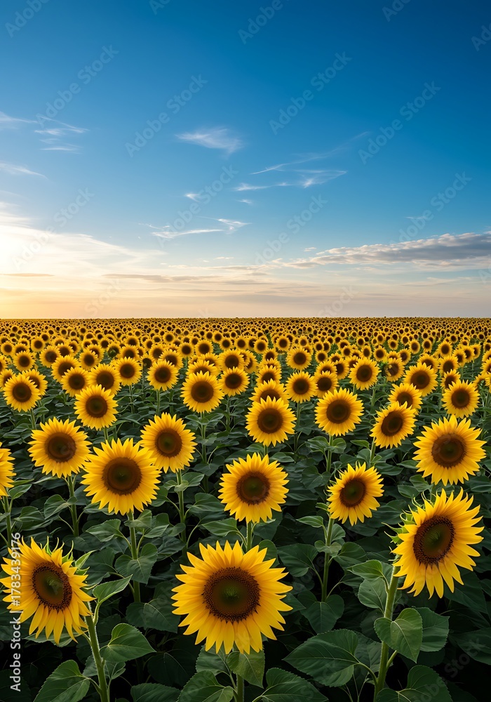 Fototapeta premium Expansive vista of sunflower blooms under a radiant blue sky backdrop