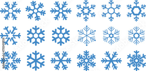 Snow Flake icon set. Minimalist winter symbols. Abstract geometric vector graphic element for New Year design. Crayon hand drawn snow flake collection. Isolated linear snow flake pictogram collection.