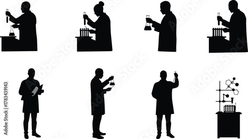 Scientists silhouette in laboratory, chemistry research, lab coat professionals, experiment with test tubes, beakers, flasks, molecular structure, science teamwork,