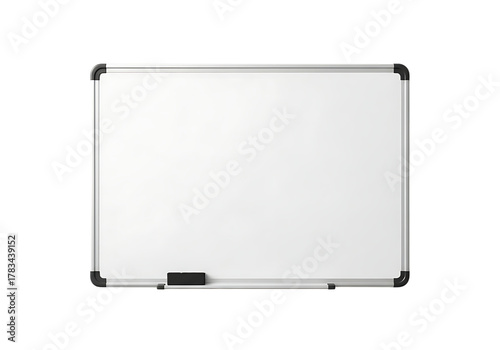 A clean white dry erase board with a black marker tray isolated on transparent background