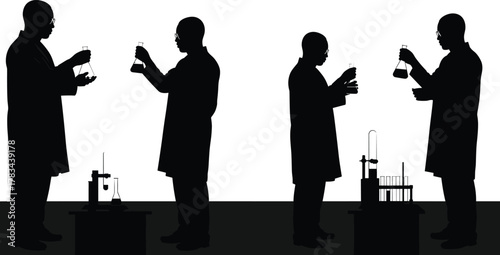 Scientists teamwork laboratory research experiment collaboration, researchers lab coats chemistry discussion, science education teamwork innovation, laboratory equipment flask beaker test tube rack 