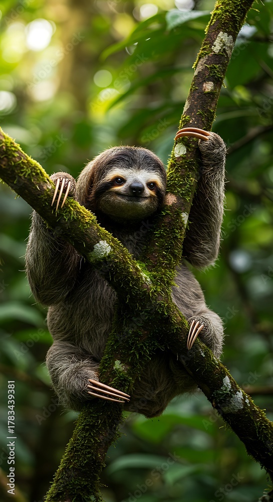 Naklejka premium Sloth Hanging on a Tree Branch in a Lush Green Forest.
