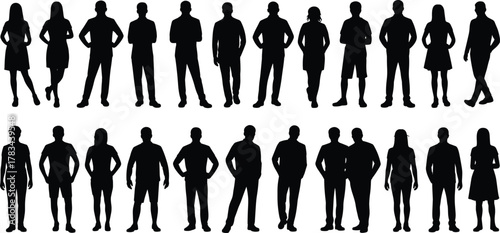 Silhouette people poses, standing human figures, diverse stances, male female silhouettes, posture variation, body language illustration, fitness stance, fashion sketch, crowd diversity