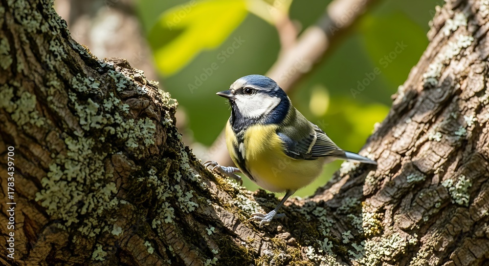 Fototapeta premium Small blue tit bird perched on a textured tree branch in a natural outdoor setting.
