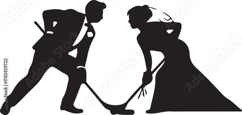 Silhouette of a bride and groom playing hockey