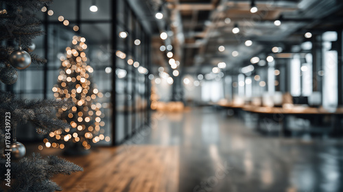 Festive Office Scene: An open-plan office space decorated with a shimmering Christmas tree, creating a sense of seasonal cheer amidst modern architecture.