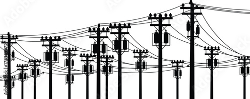 Utility poles vector illustration, electrical distribution system, overhead power lines, transformers and insulators, urban infrastructure design, energy grid network, industrial electricity concept,