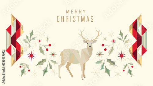 Elegant geometric merry christmas greeting card featuring a stag surrounded by holly and snowflakes
