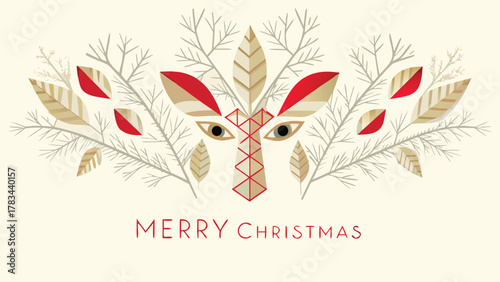Stylized christmas deer face with red and gold leaves and branches on a cream background with merry christmas text
