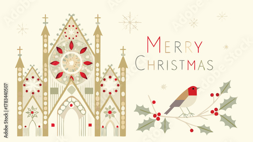 Charming christmas card featuring a stylized gothic church and a robin perched on a holly branch with merry christmas text